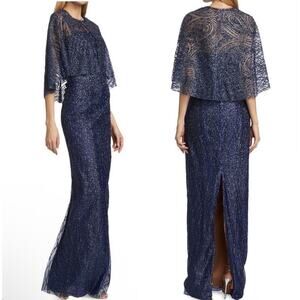 Marchesa Dress Sequin Navy Strapless Cape Gown Size 6 NWT